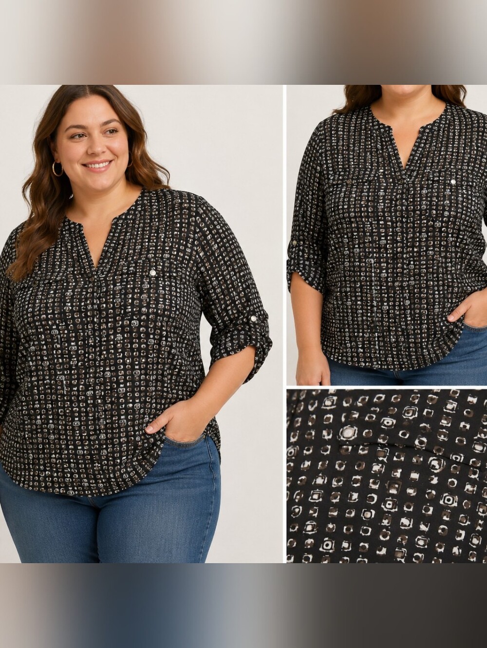 Simply Emma Black Geometric Print Button Up Blouse 2X Convertible Sleeves EUC